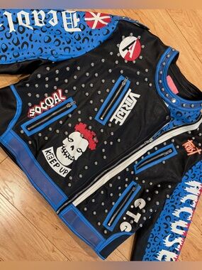 Azalea Wang 2X Studded Faux Leather Moto Jacket Blue Panther Punk Plus